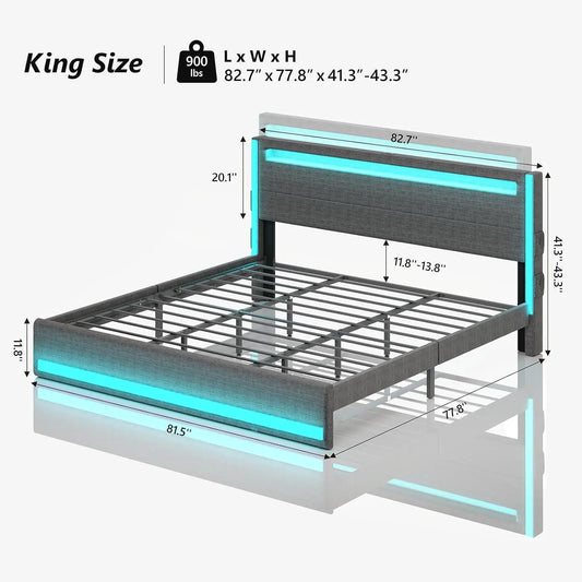King Size Platform Bed with LED Lights, USB Charging & Adjustable Headboard - Dark Grey, No Box Spring Needed