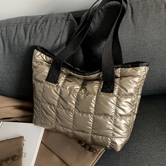 Fashion Quilted Shoulder Bags Down Cotton Padded Large Capacity Tote Bags Solid Color Shopping Bags Women Girls
