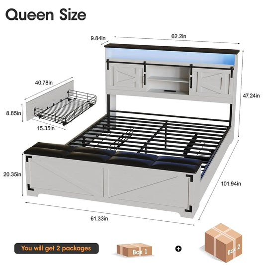 Farmhouse Queen Size Bed Frame with Headboard and Storage Ottoman, Sliding Barn Door & 4 Drawers, LED Lights and, Customized