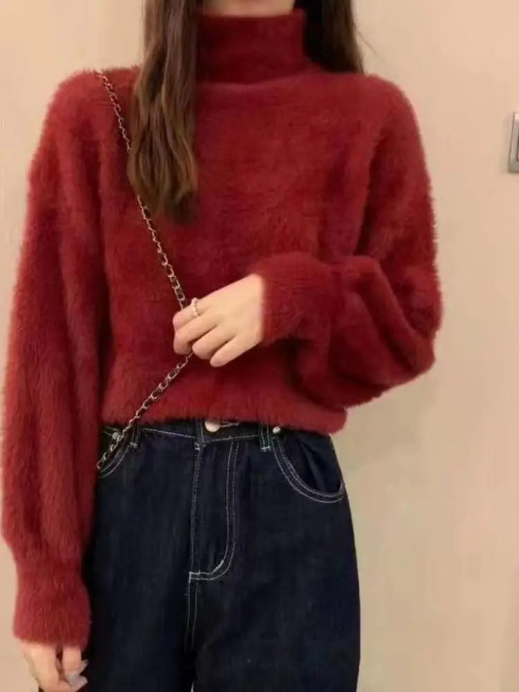 2025 Winter Imitate Mink Wool Hot Fleecing Female Turtleneck Elastic Casual Sweater Women Knitted Tops Pullovers Soft Warm