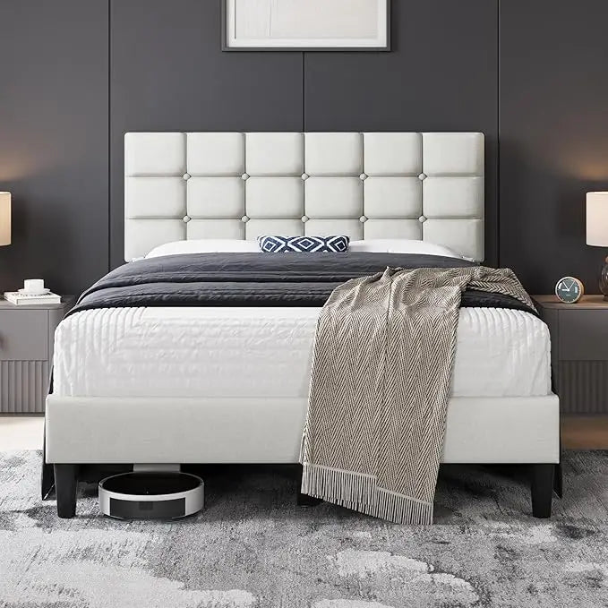 Upholstered Bed Frame, Modern Queen Bed Platform with Square Stitched&Button Tufting Headboard Height Adjustable, Wooden