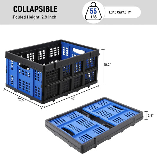 55L Heavy-Duty Collapsible Plastic Crate Foldable Storage Basket with Side Handles, Stackable Design for Food Drinks Books Tools