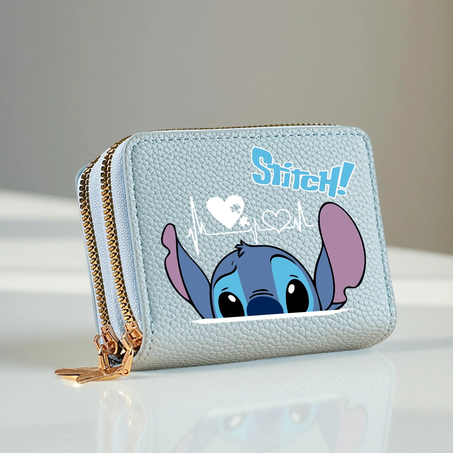 Stitch Design PU Leather Wallet – Double Zipper Short Coin Purse with Card Slots, Cute Cartoon Style, 4 Colors Available