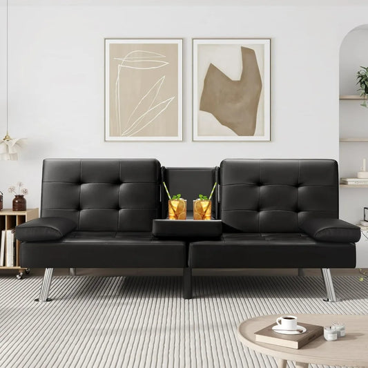 VICTONE Futon Sofa Bed Modern Faux Leather Couch Bed Convertible Folding Recliner for Living Room with 2 Cup Holders and Armrest