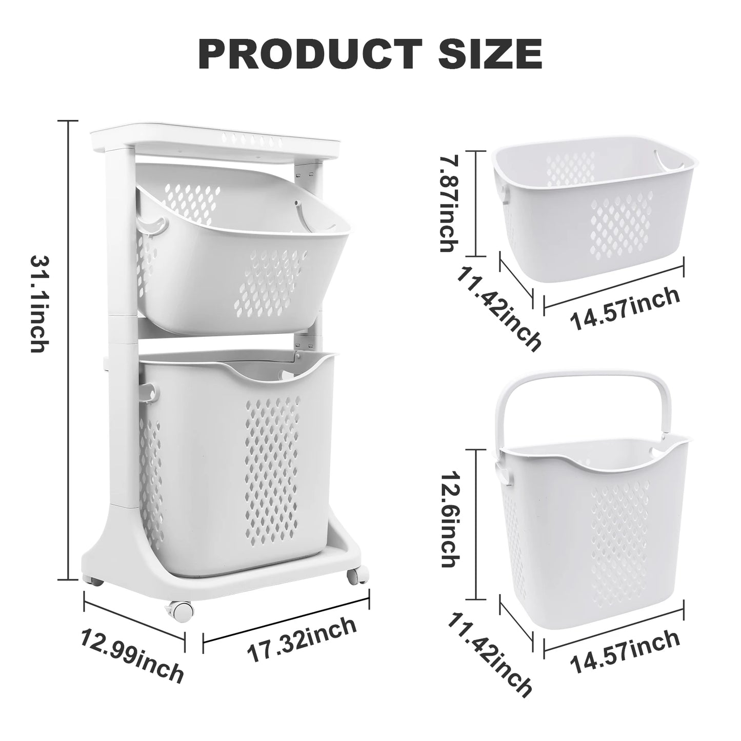 2/4 Tier Laundry Basket Cart Removable Storage Buckets Plastic Hamper with 4 Wheels White
