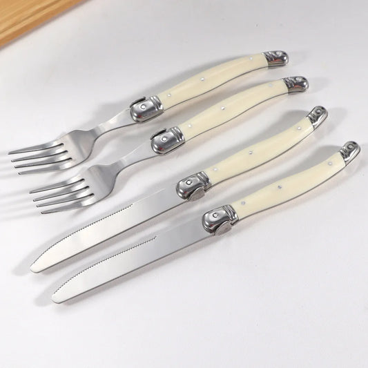 Stainless steel knife, fork, spoon set, milky white plastic handle, steak knife, steak fork spoon, steak tableware for home use