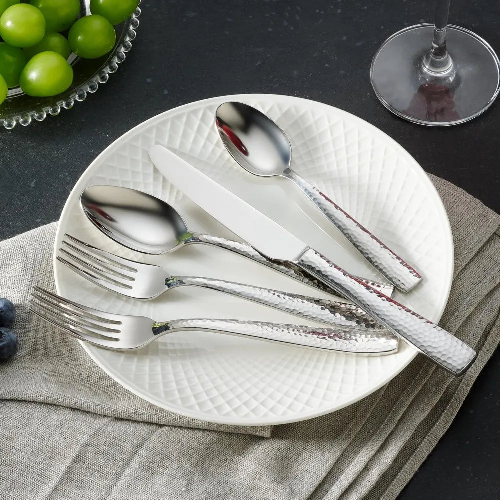 60-Piece Hammered Stainless Steel Silverware Set for 12, Elegant 18/10 Flatware Collection