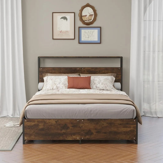 14 Inch Queen Size Bed Frame,Industrial Metal Platform Bed Frame with 2 Tier Storage Wooden Headboard and Footboard