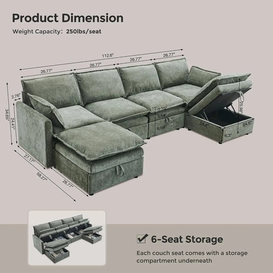 112.6" Sectional Couches for Living Room, Cloud Couch Sectional with Large Storage, U-Shape Modular Sectional Sofa, Customized