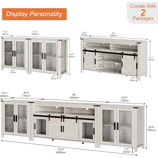 TV Stand Set for 100 inch TV,Door Storage Cabinet with Mesh for Living Room,Farmhouse Storage Units with Open and Adjusta