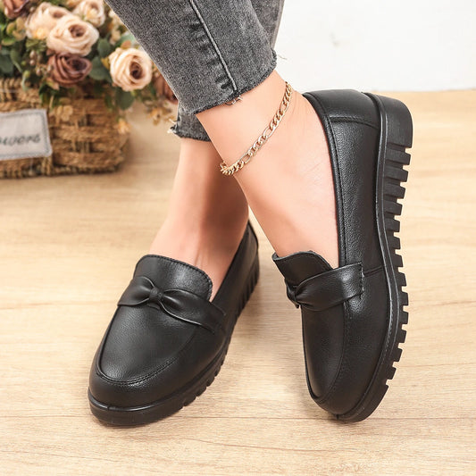 Women's Bow Detail Leather Flat Shoes - Slip On Casual Loafers with Non-Slip Sole