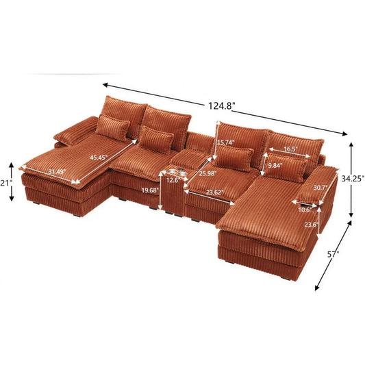 125" U-Shaped Sectional Sofa, Corduroy Cloud Couch with Storage & USB, 6-Seat Modular Sofa Set for Living Room, Orange