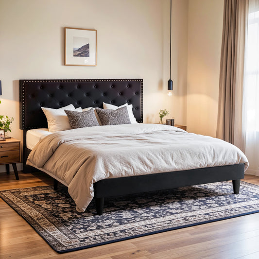 HOOMIC Bed Frame with Upholstered Headboard, Velvet Diamond Button Tufted Headboard, Strong Mattress Foundation Allewie