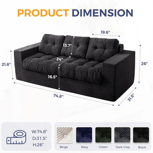 3 Seater Couch for Living Room, Boneless Couch with Tufted Cushion & Backrest, Upholstered Floor Sofa, Sofa in A, Customized