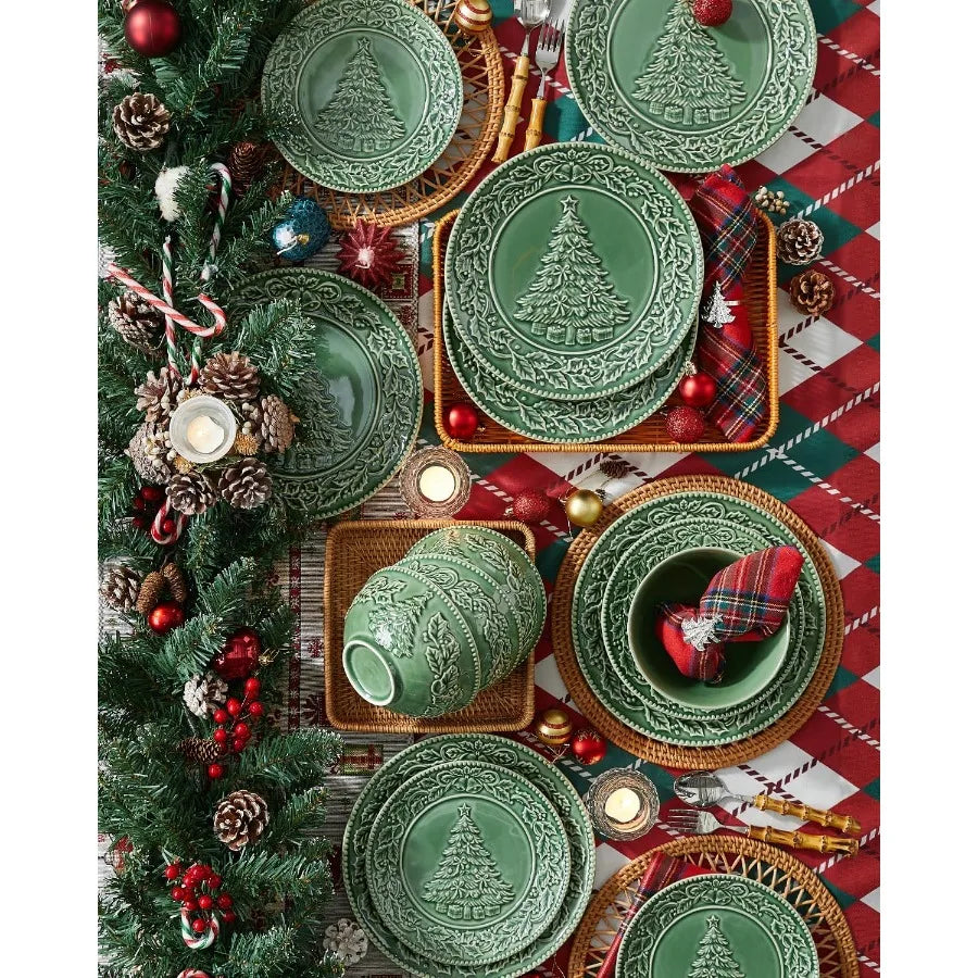 8 Inch Green Ceramic Christmas Tree Salad Plates Set for Holiday Meals Ideal for Pasta Side Dishes and Desserts Dishwasher and