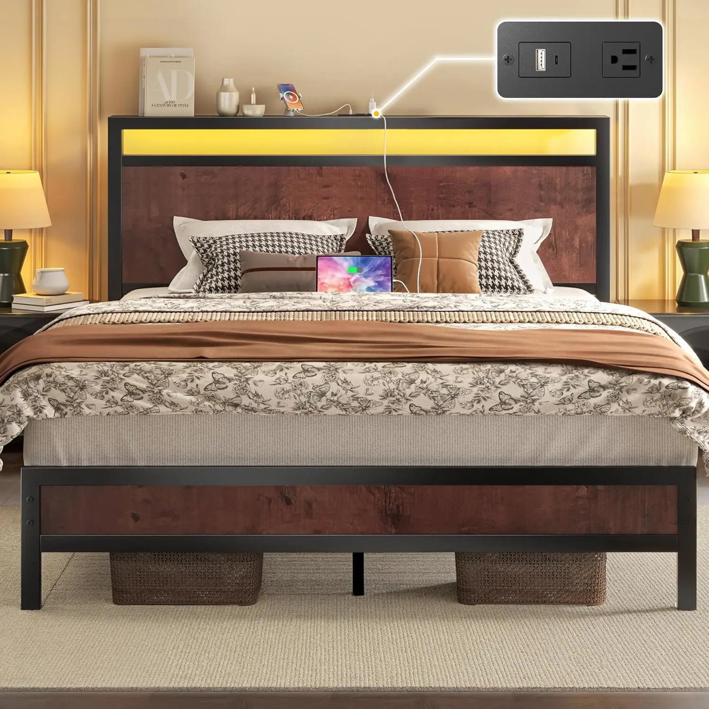 Bed Frame with Headboard & Footboard, Bed Frame with Built-in Charging Station & LED Light, Storage Shelf,, Customized