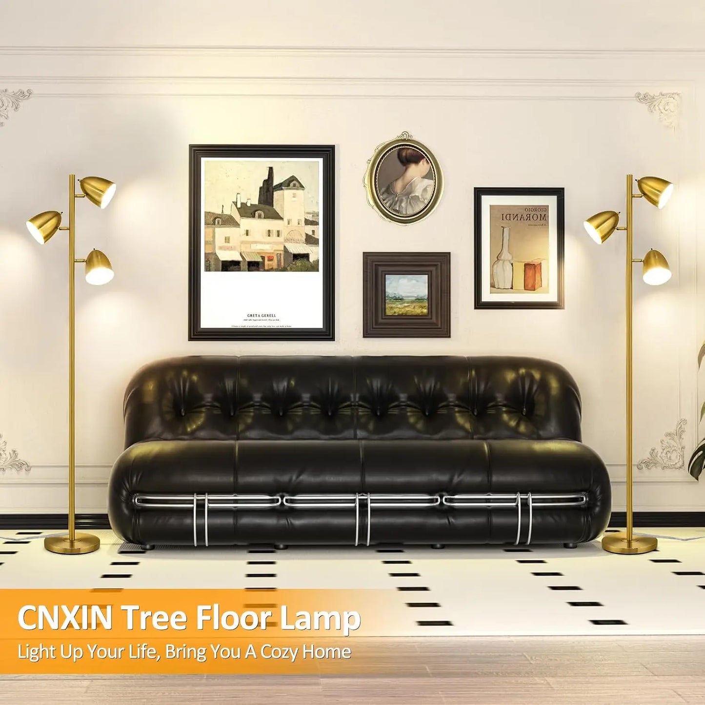 65" Modern Adjustable Floor Lamp with 3 E26 Bulbs, Gold Metal Heads for Living Room, Bedroom, Office