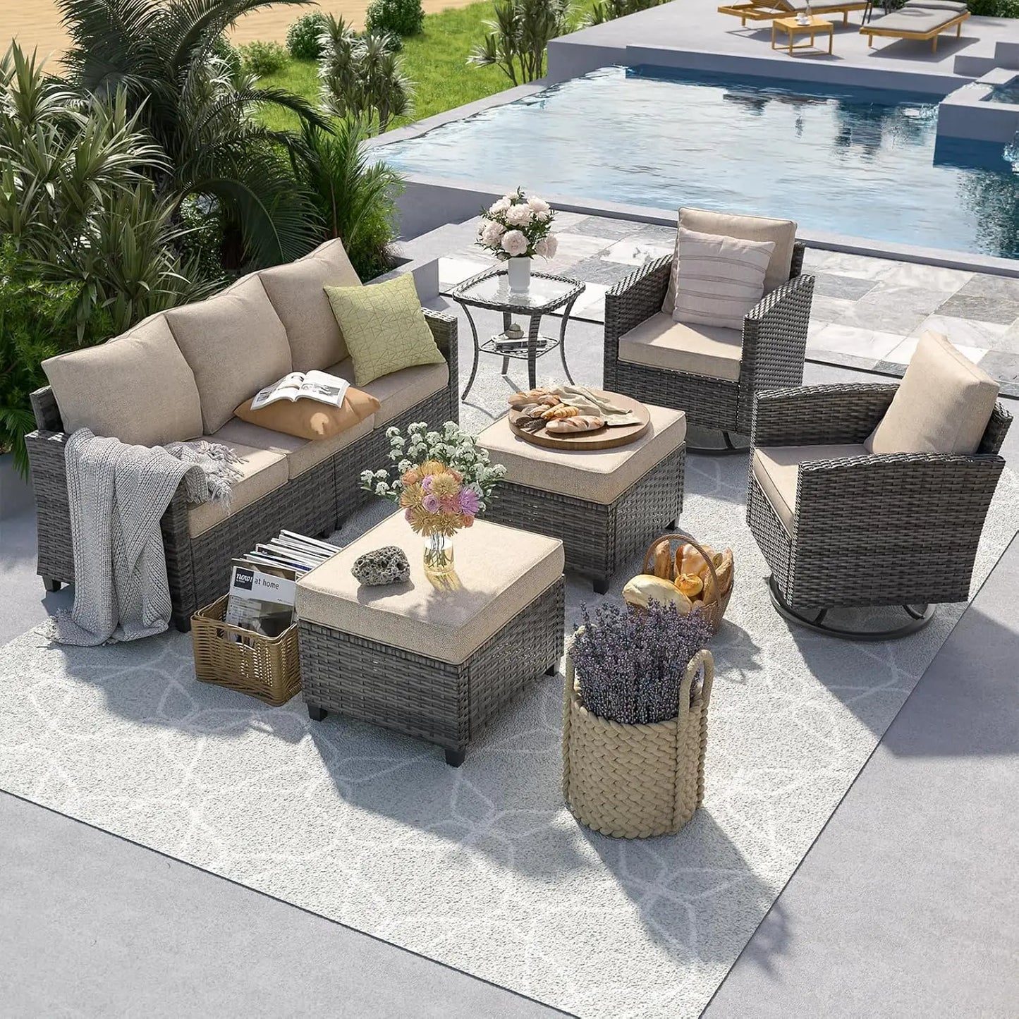 6pc Gray PE Rattan Sectional Sofa Set Swivel Chair & Side Table 4" Cushions Patio Garden, Customized