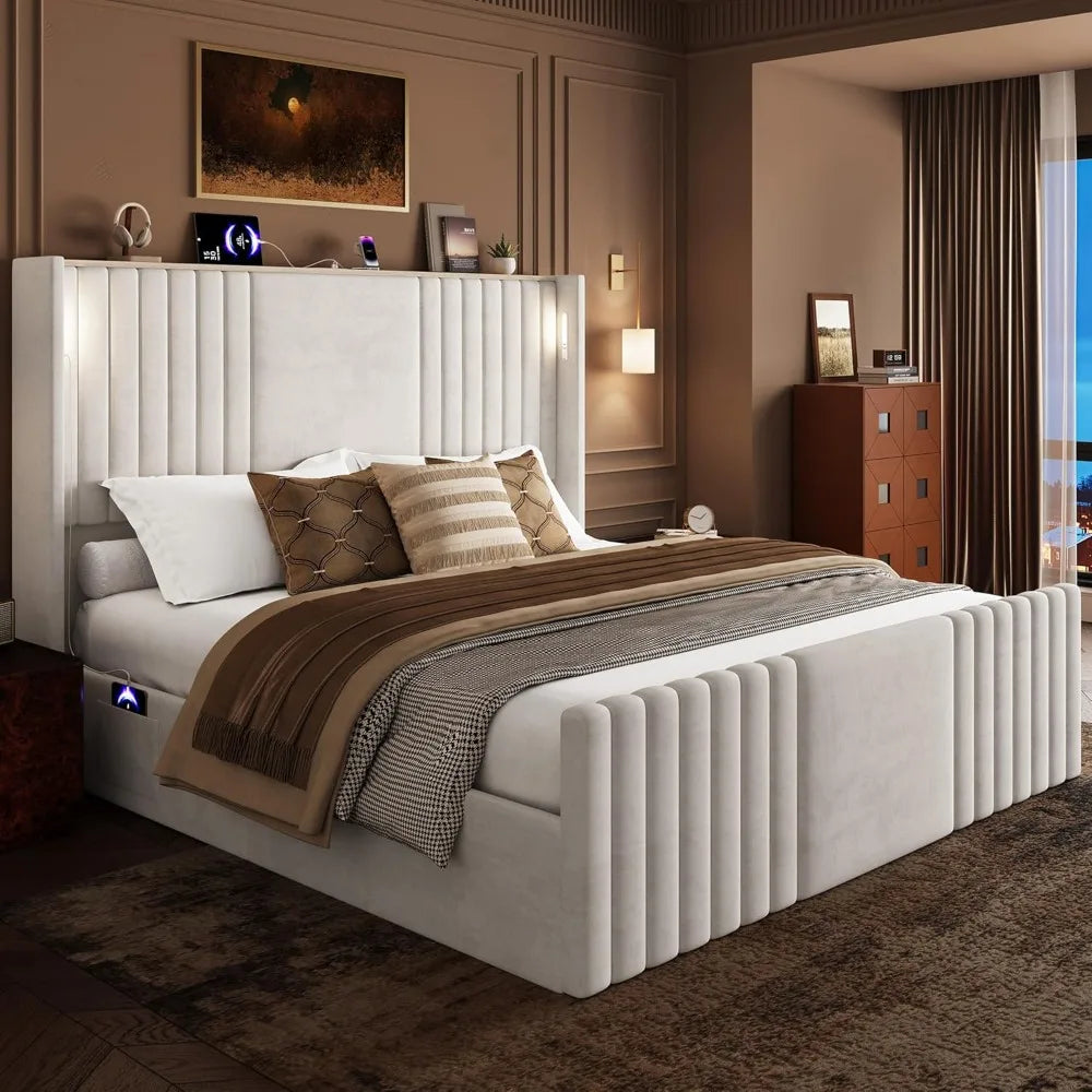 King Size Bed Frame with Tall Headboard, Velvet Upholstered Platform Bed with Reading Lights, Storage Shelf, Charging Station
