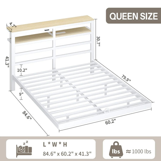 Floating Bed Frame Queen Size with Storage Headboard,Modern Metal Platform with Smart LED Lights and Charging, Customized