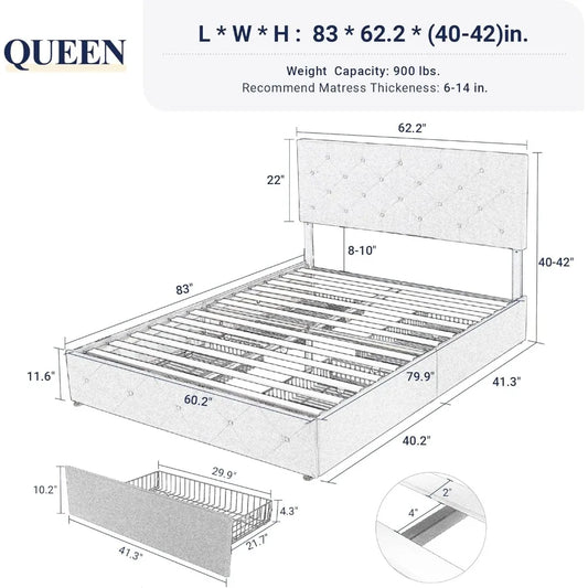 Queen Size Upholstered Platform Bed Frame with Storage Drawers and Headboard, Button Tufted Design, Mattress Included