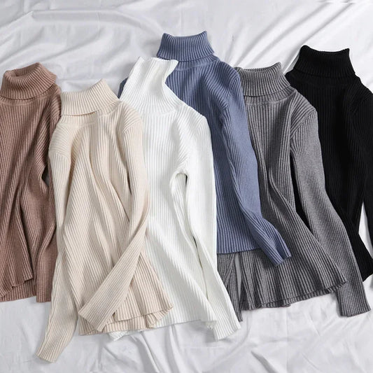 Women Solid Color Long Sleeves Turtleneck Knitted Sweater Basic Soft Pullovers Simple Elegant Fashion New