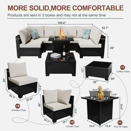 8 Piece Patio Furniture Set with Fire Pit Table, Outdoor Sectional Furniture, Wicker Patio Sofa, Conversation Set Perfect for Ba