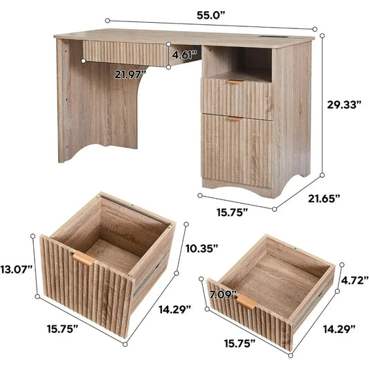 Modern Oak Computer Desk 55 Inch with Keyboard Tray And Power Outlets 2-in-1 Main Drawer with Adjustable File Drawer,Customized