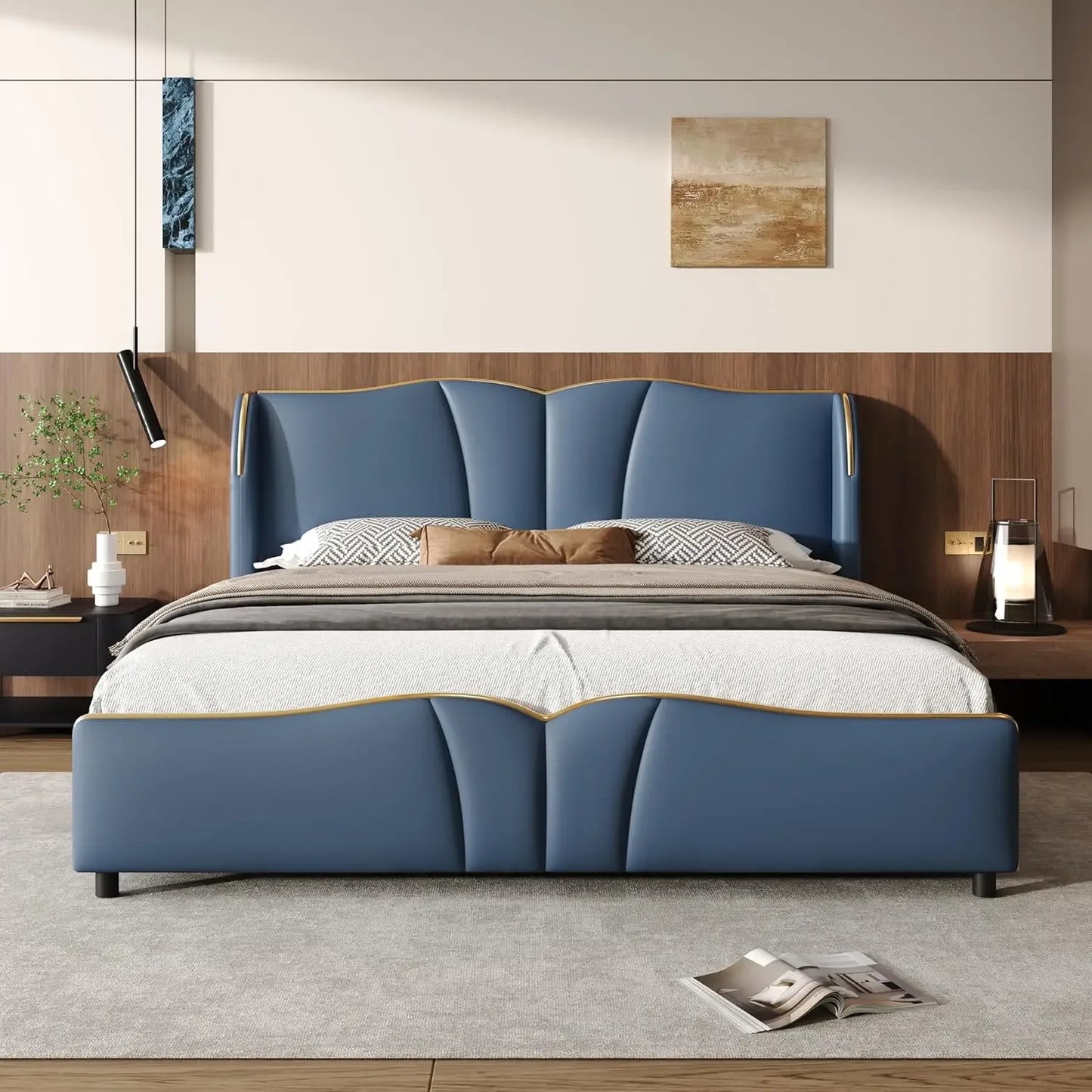 Modern Luxury Leather Platform Bed Frame - Wingback Headboard & Wavy Footboard, No Box Spring Required