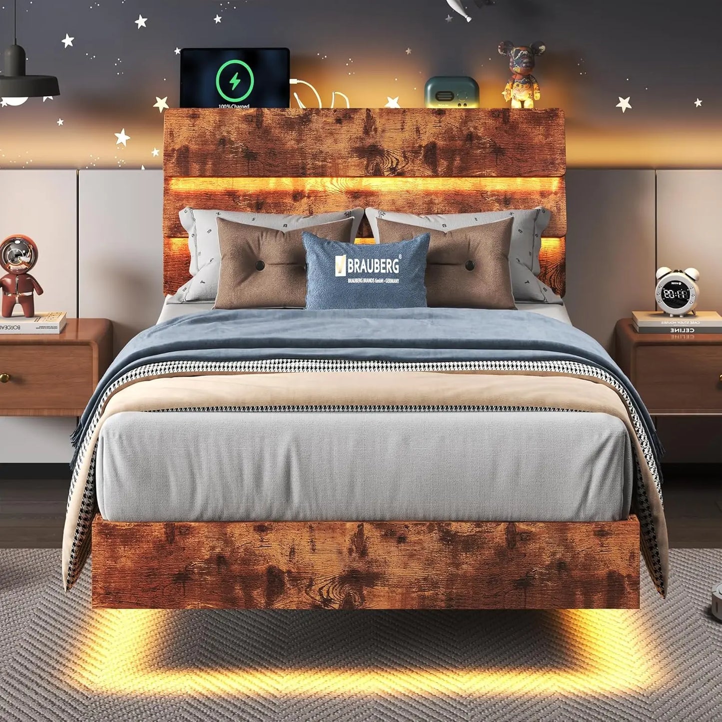 LED Twin Size Bed Frame W/Charging Station, Wood Storage Headboard, Heavy Duty Metal Slats, No Box Spring Needed, Easy Assembly