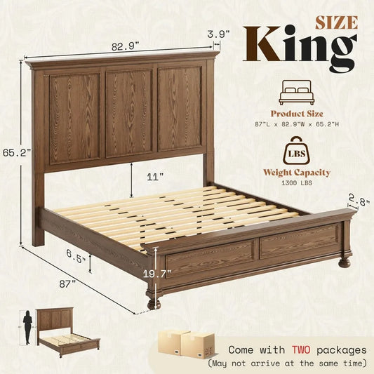 Solid Wood King Bed Frame with 65.2 High Headboard, Traditional Platform Bed with Heavy Duty Slats, No Box Spring Neede