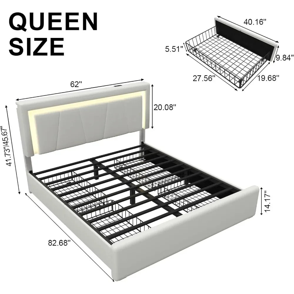 Upholstered Platform Bed Frame with 4 Storage Drawers LED Lights Adjustable Headboard And Charging Station for Bedroom Furniture