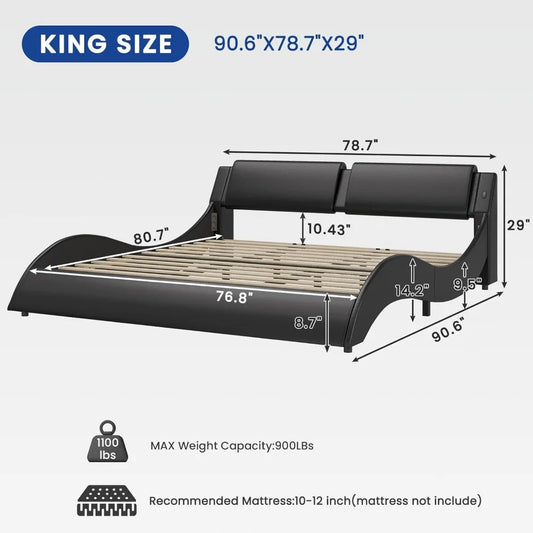 Modern King Size LED Bed Frame with USB Charging Ports, Low Profile Platform Bed with RGB Lights and Wood Slats Support, Black
