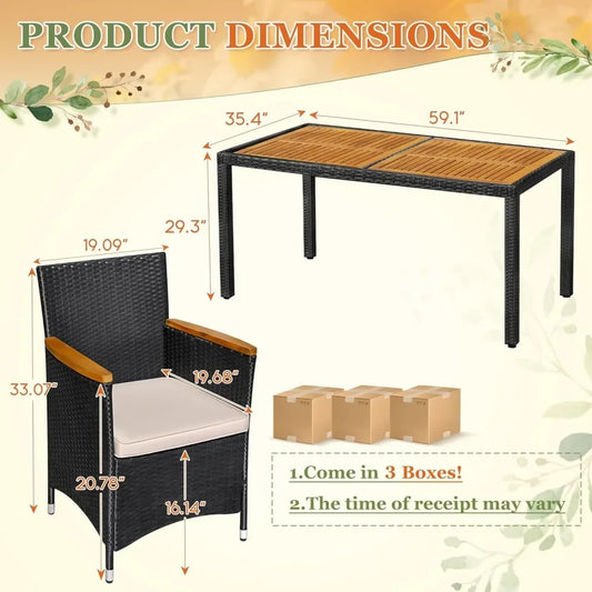 7 Piece Outdoor Patio Dining Set, Conversation Set, 1 Table and 6 Rattan Chairs, Curved Acacia Wood Armrests and Cushions
