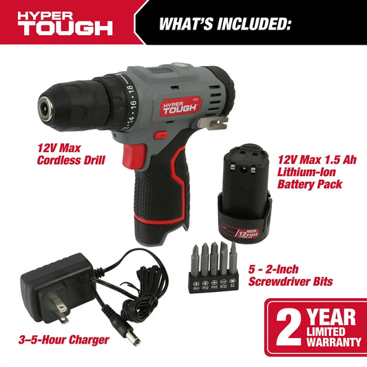 Hyper Tough 12V Max Lithium-Ion Cordless 3/8-inch Drill Driver with 1.5Ah Battery, 99303