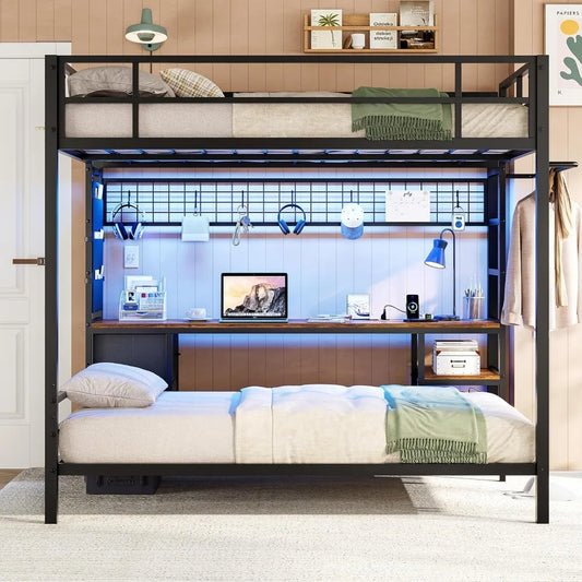 Full Over Twin Bunk Bed with Desk and Charging Station Metal Full Size Over Twin Loft Bed with Led Lights & Storage Shelves