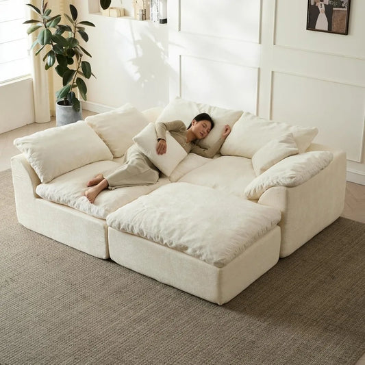 109 Modern Cloud Couches for Living Room, Deep Seat Convertible L-Shape Boneless Couch with Ottoman, Oversized Comfy 3-Seater Co