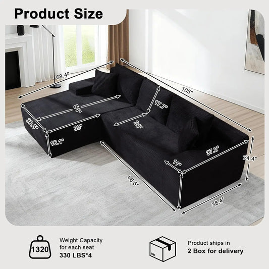 105" Cloud Modular Sectional Couch with L-Shape Chaise, Upholstered Corduroy Couches for Living Room, No Assembly, Customized