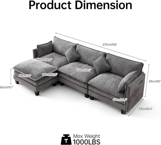 108" Modular Sectional Sofa with Ottoman, L-Shaped Cloud Couch, USB Charging Ports, Deep Seat Chenille Fabric, Dark Grey