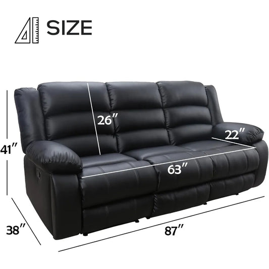 Manual Reclining Sofa 3 Seats with Cup Holders, Overstuffed Armrest Faux Leather Couch for Living Room Bedroom