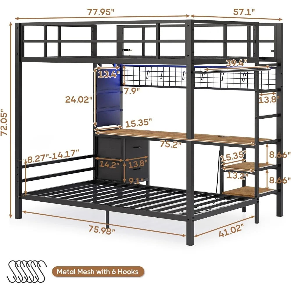 Full Over Twin Bunk Bed with Desk and Charging Station Metal Full Size Over Twin Loft Bed with Led Lights & Storage Shelves