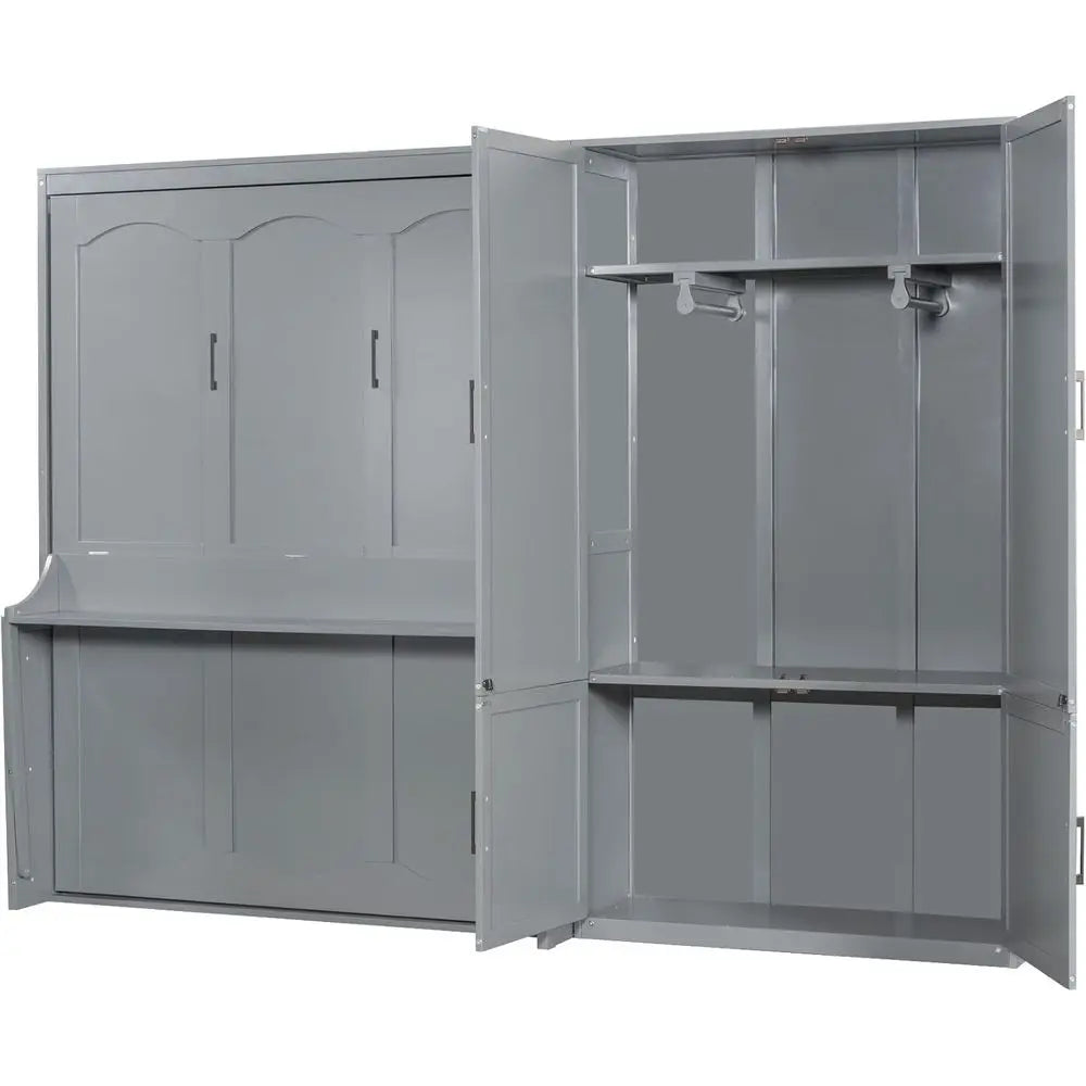 Gray Queen-Size Wall-Mounted Murphy Bed with Integrated Closet and Wardrobe Storage