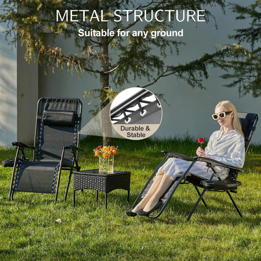 JHK Zero Gravity Set of 2 Portable Recliner Camping Patio Outdoor Garden Lounge Chair with Cup Holder Trays Adjustable Pillow