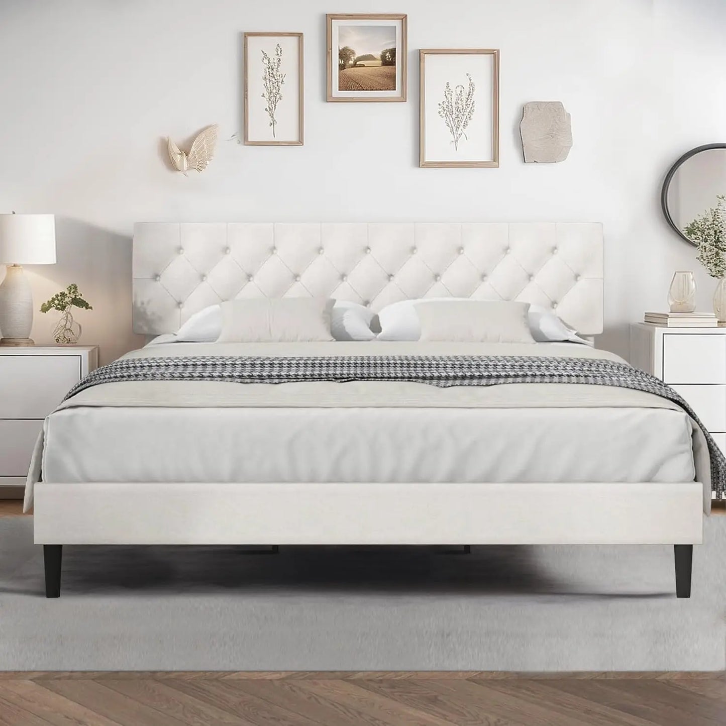 Bed Frame with Headboard, Linen Fabric Upholstered Platform Bed Frame, Button Tufted Bed Frame , Customized