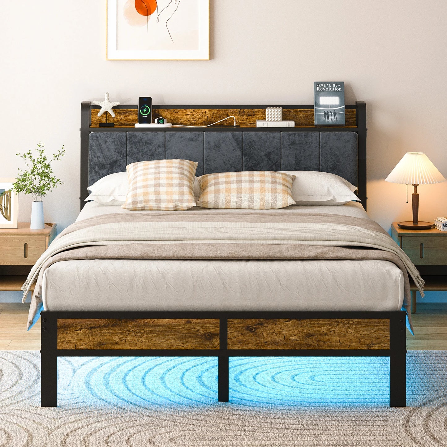 Platform Bed Frame with Storage Headboard, Metal Platform Bed with LED Lights & Charging Station, Under Bed Storage