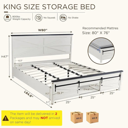 JXQTLINGMU Farmhouse King Size Bed Frame with 47" Tall Headboard, Wood King Bed Frame with Storage Cabinet, Solid Wood Slats Sup