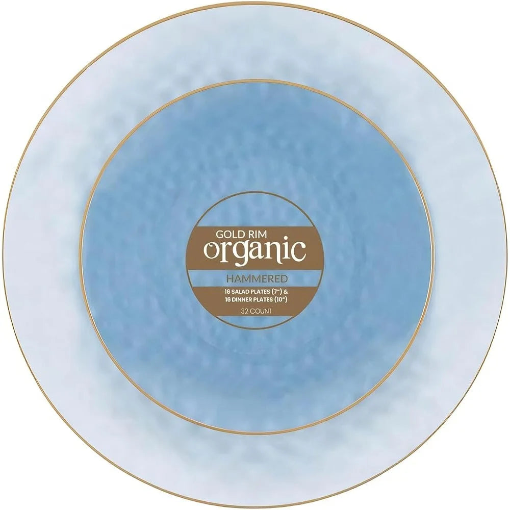 Organic Hammered Dusty Blue Disposable Plates 32 Count 7 Inch 10 Inch Combo Elegant Tableware Party Supplies Eco-Friendly