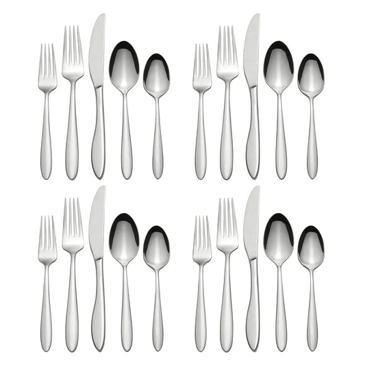 Modern Stainless Steel Silverware Set for 4, 20-Piece Dishwasher Safe Flatware with Wood Tray