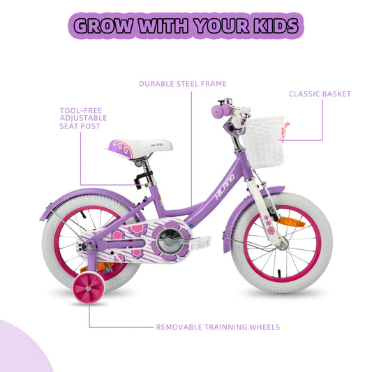 Hiland 12/14/16 Inch Children's Bicycle, 3-7 Years Girls Bicycle with Basket Stabilisers, Various Colours