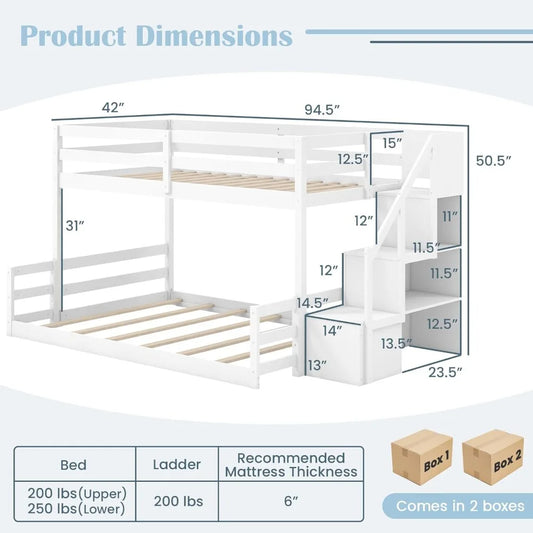 Twin Over Full Bunk Bed with Stairs, Solid Wood Floor Bunk Bed with Storage Staircase & Full-Length Guardrails, Low Bunk